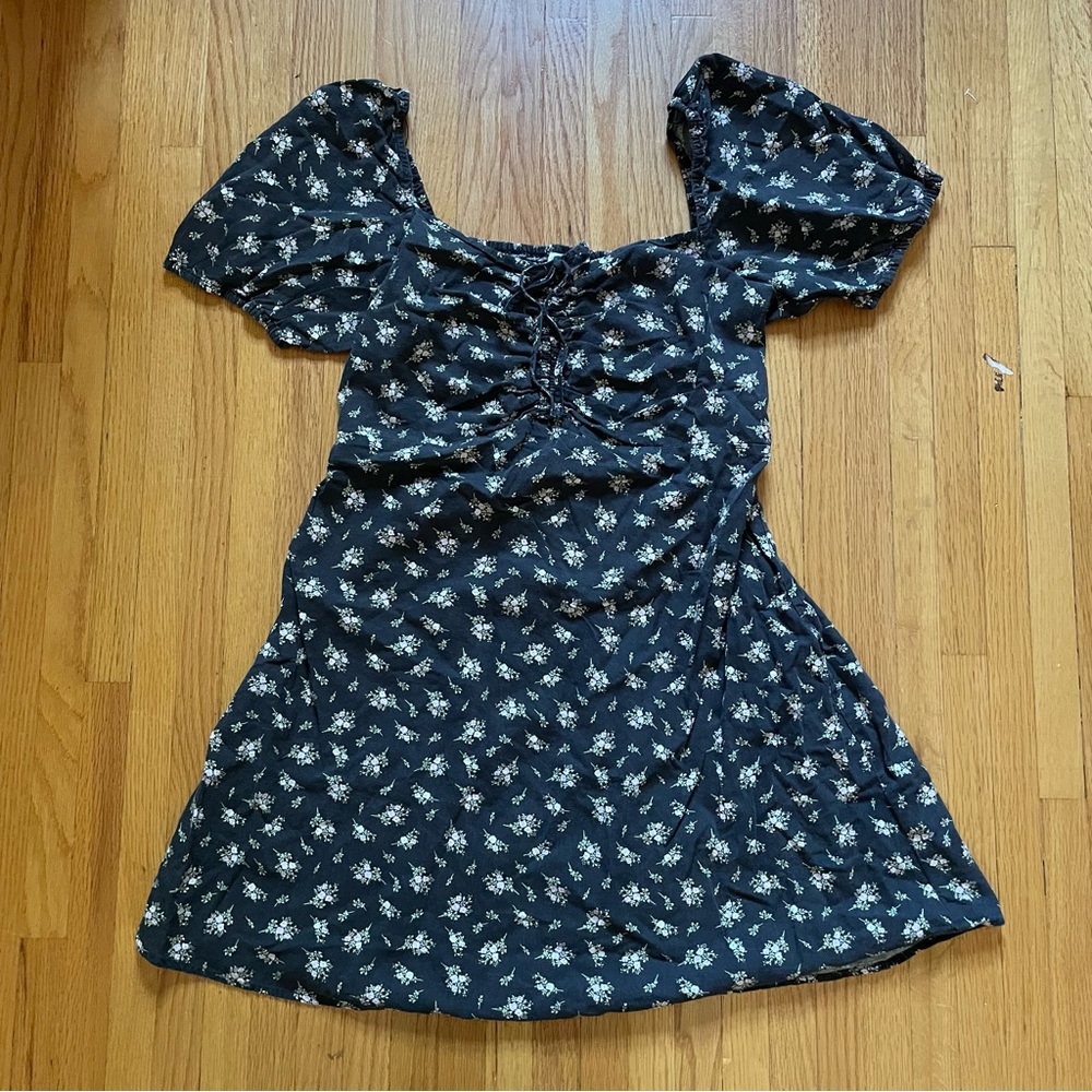 Y2K Babydoll Mini Dress Milkmaid Fairy Smocked Black Floral Size L Linen Blend
